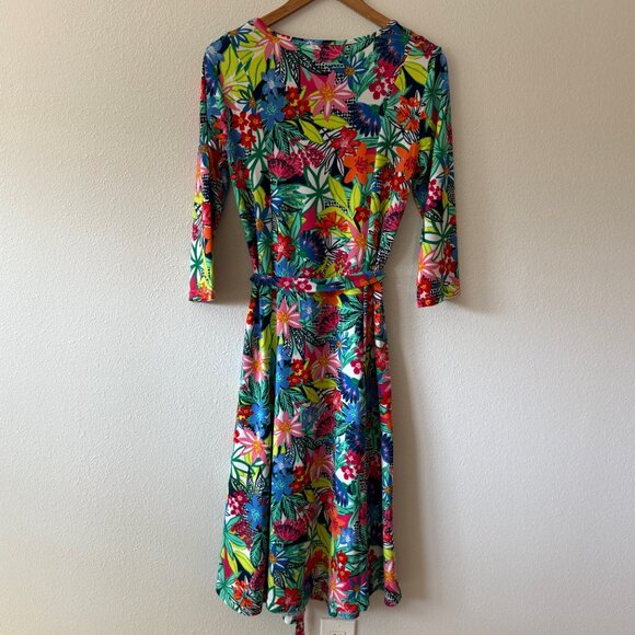 Nina‎ Leonard 3/4 Sleeve Tropical Floral Belted Midi Dress Size S - Picture 9 of 14
